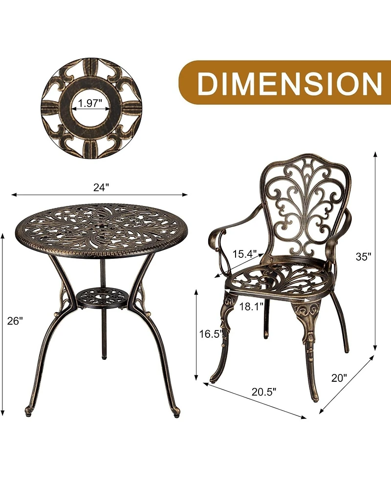 gaomon Patio Bistro Sets 3 Piece Outdoor Cast Aluminum Patio Bistro Set, Patio Table and Chairs Set of 2 with Umbrella Hole for Yard, Garden, Balcony,