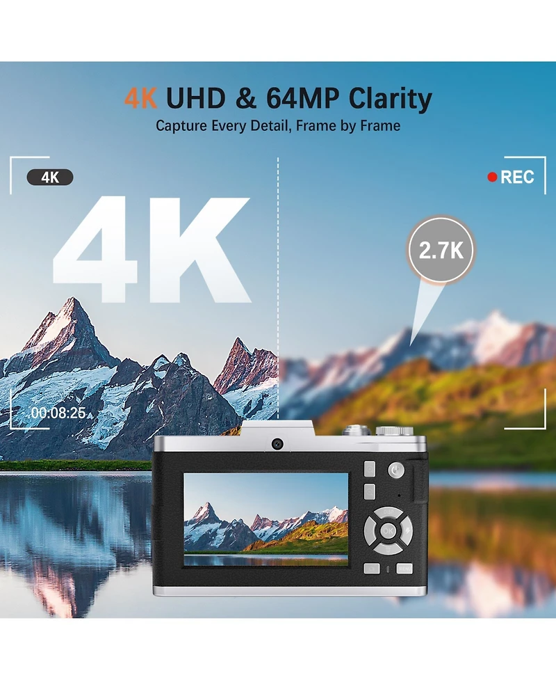64MP Digital Camera with 4K Video, 16X Zoom, Flip Screen, Autofocus, Type-c Charging, and 32GB Card