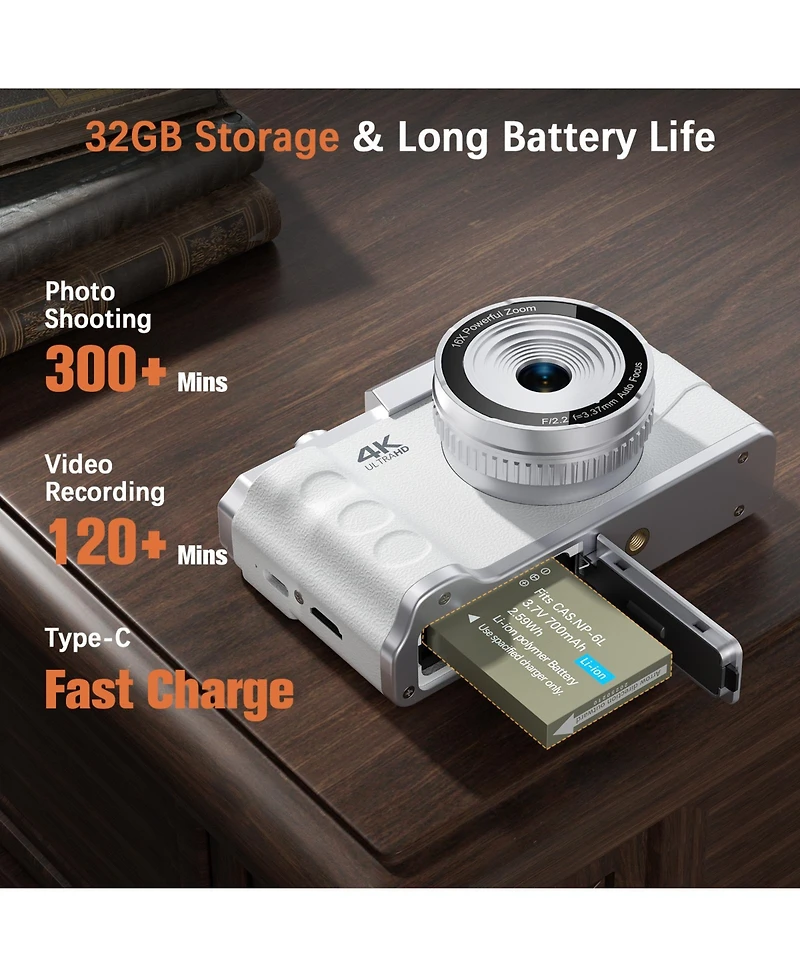 64MP Digital Camera with 4K Video, 16X Zoom, Flip Screen, Autofocus, Type-c Charging, and 32GB Card