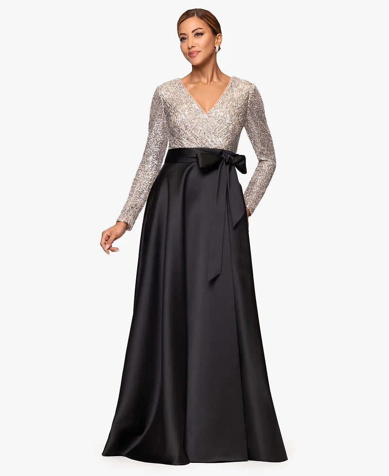 Xscape Women's Sequinned Long Sleeve Ballgown Dress