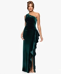 Xscape Womens Velvet One Shoulder Long Ruffle Dress 4p 16