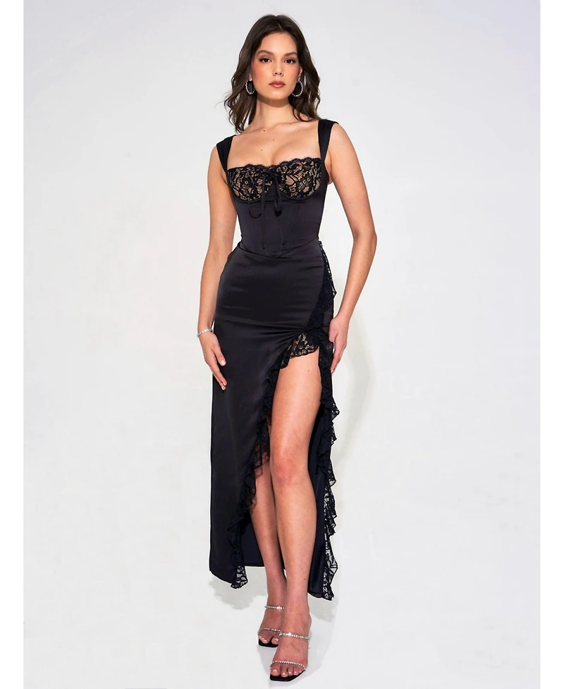 Miss Circle Women's Freddie Black Lace Satin Maxi Corset Dress