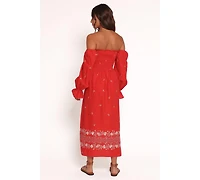 Petal and Pup Women's Domenica Shirred Long Sleeve Midi Dress - Red Floral Bandana