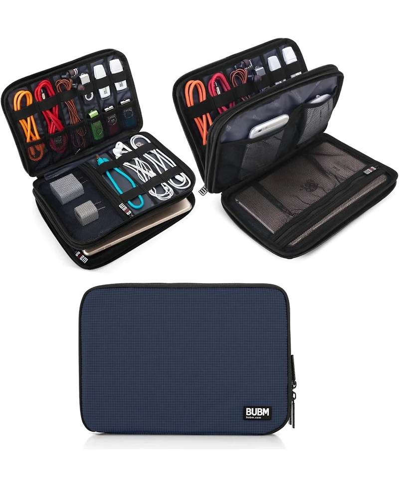 Bubm Dark Blue Electronics Organizer Bag - Medium Double Layer Travel Case for Cables, Usb Drives, Chargers, iPad Mini Accessories