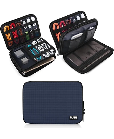 Bubm Dark Blue Electronics Organizer Bag - Medium Double Layer Travel Case for Cables, Usb Drives, Chargers, iPad Mini Accessories