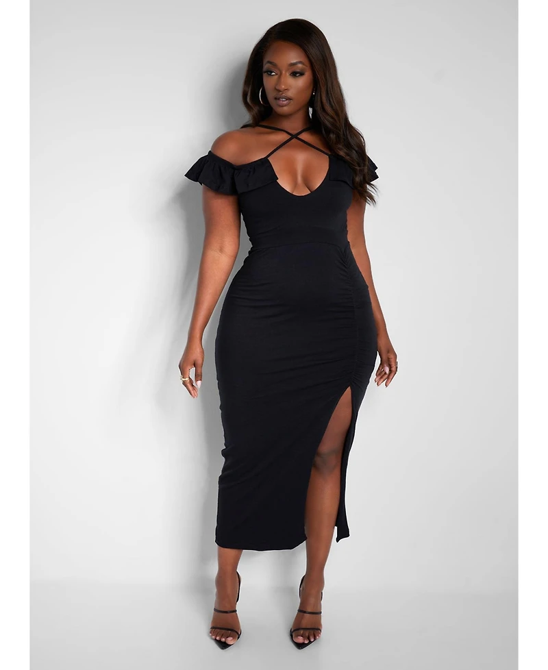 Rebdolls Women's Ruched Bodycon Midi Dress - Black