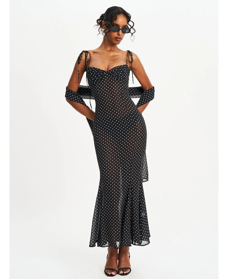 Miss Circle Women's Yadira Black Base Polka Dot Chiffon Maxi Dress