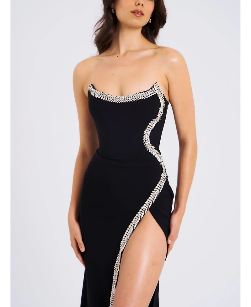 Miss Circle Women Xoana Black Crystal Embellished High Slit Gown