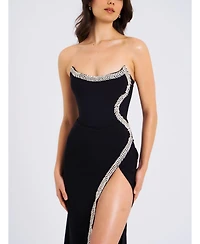 Miss Circle Women Xoana Black Crystal Embellished High Slit Gown
