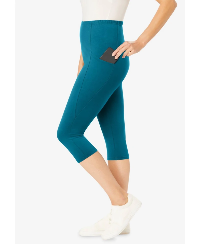 Woman Within Plus Stretch-Cotton Knit Pull-On Pocket Capri Leggings