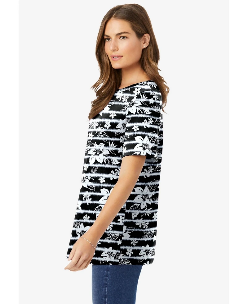 Woman Within Plus Perfect Printed Short-Sleeve Crewneck Tee