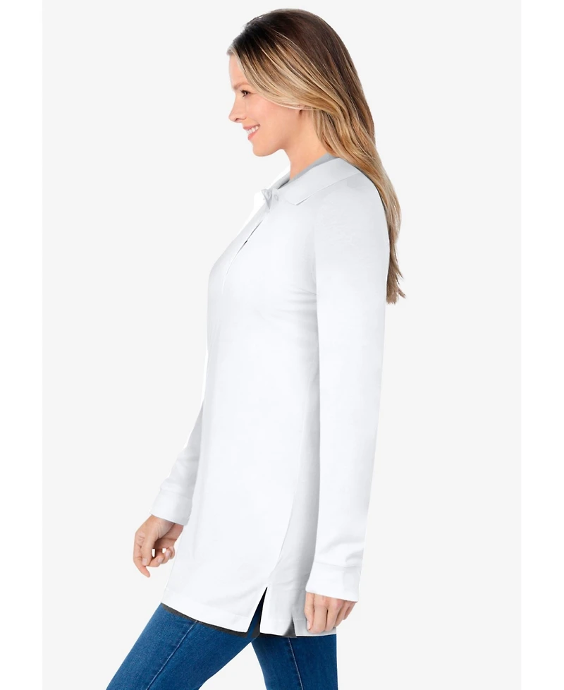 Woman Within Plus Long-Sleeve Polo Shirt