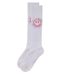 Memoi Girls Ribbed Cotton Blend "Beach More, Worry Less" Knee Sock