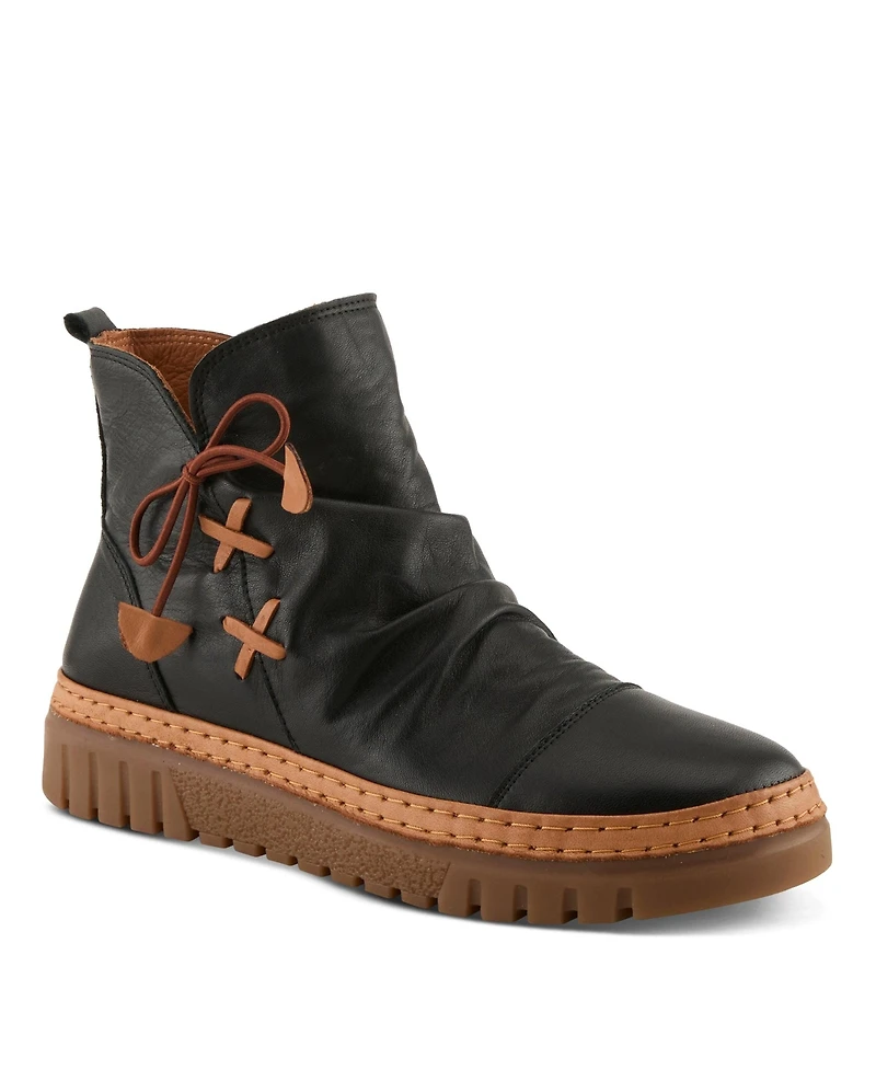 Azura Spring Step Vandis Ruched Leather Ankle Bootie with Side Lace Detail and Arch Support Insole