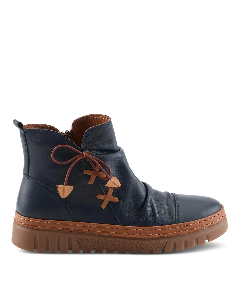 Azura Spring Step Vandis Ruched Leather Ankle Bootie with Side Lace Detail and Arch Support Insole