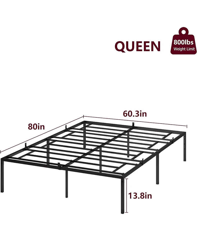 14 Inch Metal Queen Bed Frame with Rounded Corner, Heavy Duty Non-Slip Bed Frame with Steel Slats, No Box Spring Required Noise-Free Easy Assembly, 9-