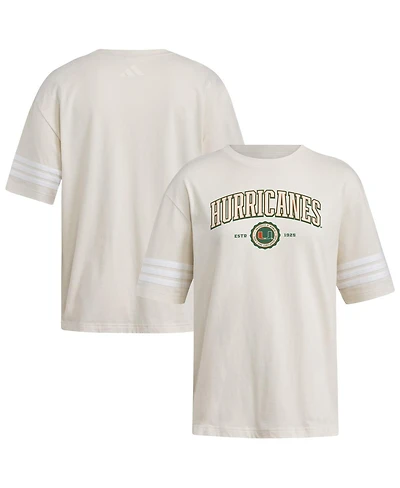 Adidas Women's Cream Miami Hurricanes Fashion Three-Stripes Oversized T-Shirt