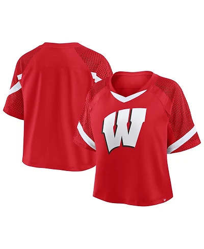 Fanatics Women's Red Wisconsin Badgers Oversized Raglan V-Neck Fashion Jersey