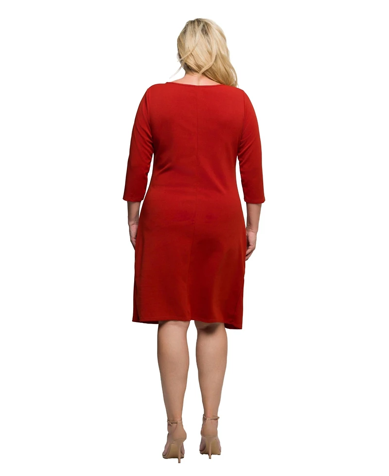 24seven Comfort Apparel Plus Three Quarter Sleeve Ruched Tulip Hem Mini Dress