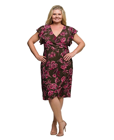 24seven Comfort Apparel Plus Brown and Pink Floral Flutter Sleeve Wrap Dress