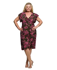 24seven Comfort Apparel Plus Brown and Pink Floral Flutter Sleeve Wrap Dress