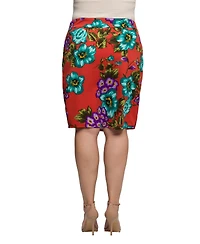 24seven Comfort Apparel Plus Orange Floral Print Knee Length Pencil Skirt