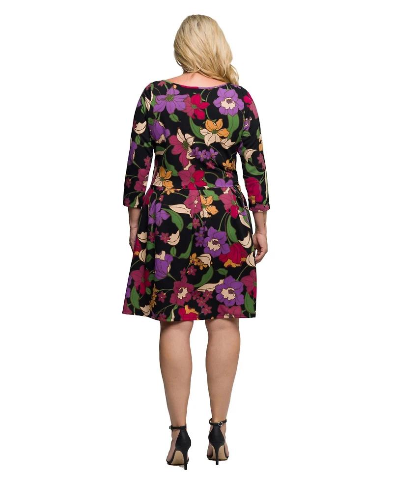 24seven Comfort Apparel Plus Black Multicolor Floral Fit and Flare Pocket Knee Length Dress