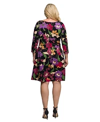 24seven Comfort Apparel Plus Black Multicolor Floral Fit and Flare Pocket Knee Length Dress