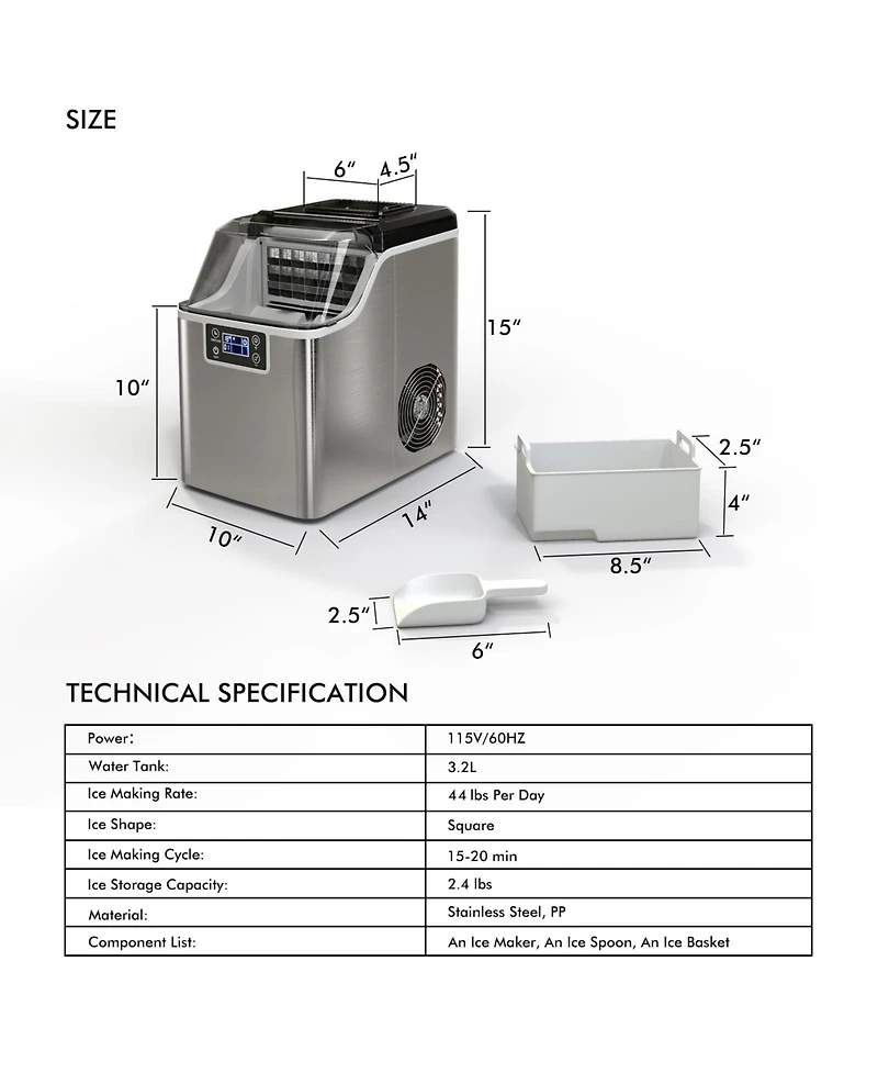 44 lbs Stainless Portable Countertop Self-Clean Ice Maker, 24 Square Cubes with Lcd Display