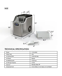 44 lbs Stainless Portable Countertop Self-Clean Ice Maker, 24 Square Cubes with Lcd Display