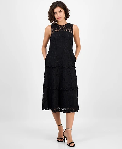 Anne Klein Women's Round-Neck Tiered Lace Midi Dress