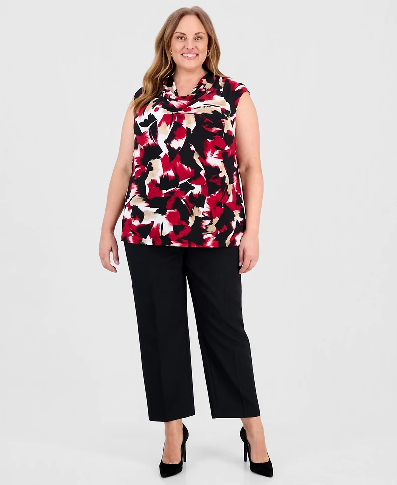 Kasper Plus Printed Cap-Sleeve Cowlneck Top