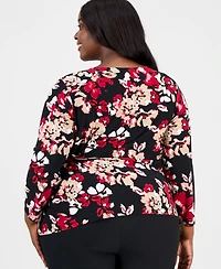 Kasper Plus Printed 3/4-Sleeve Tie-Waist Top