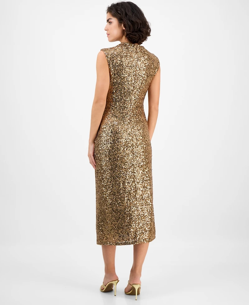 Anne Klein Women's Drape-Neck Sleeveless Sequin Dress