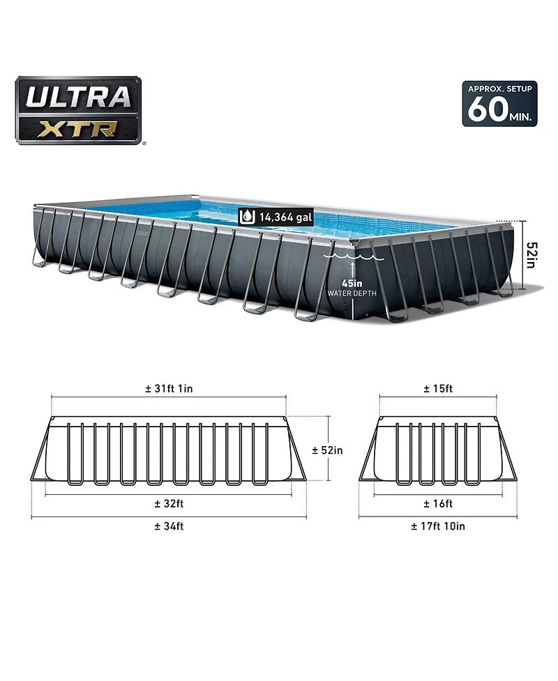 Intex 32' x 16' x 52" Ultra Xtr Rectangular Outdoor Swimming Pool Set with Pump