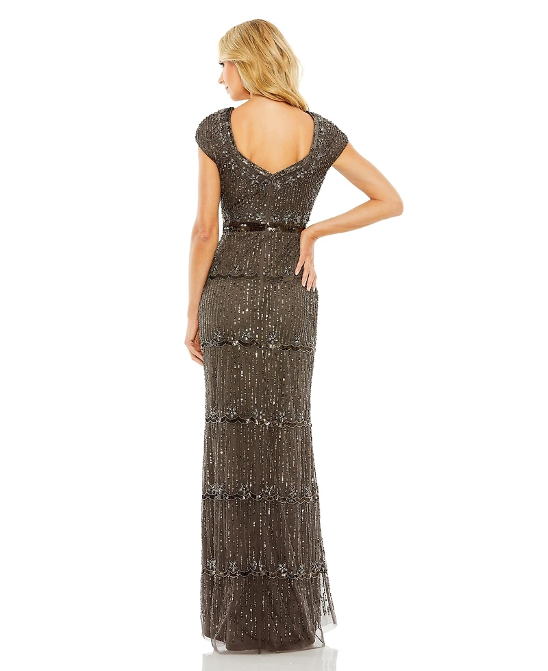 Mac Duggal Women's Cap Sleeve Sweetheart Neckline Beaded Sequin Column Gown