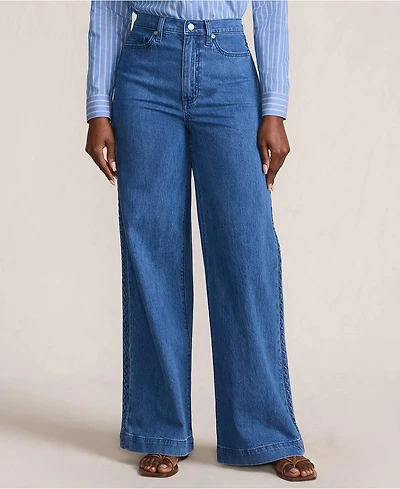 Lands' End Women's Soft Denim High Rise Wide Leg Braided Jeans