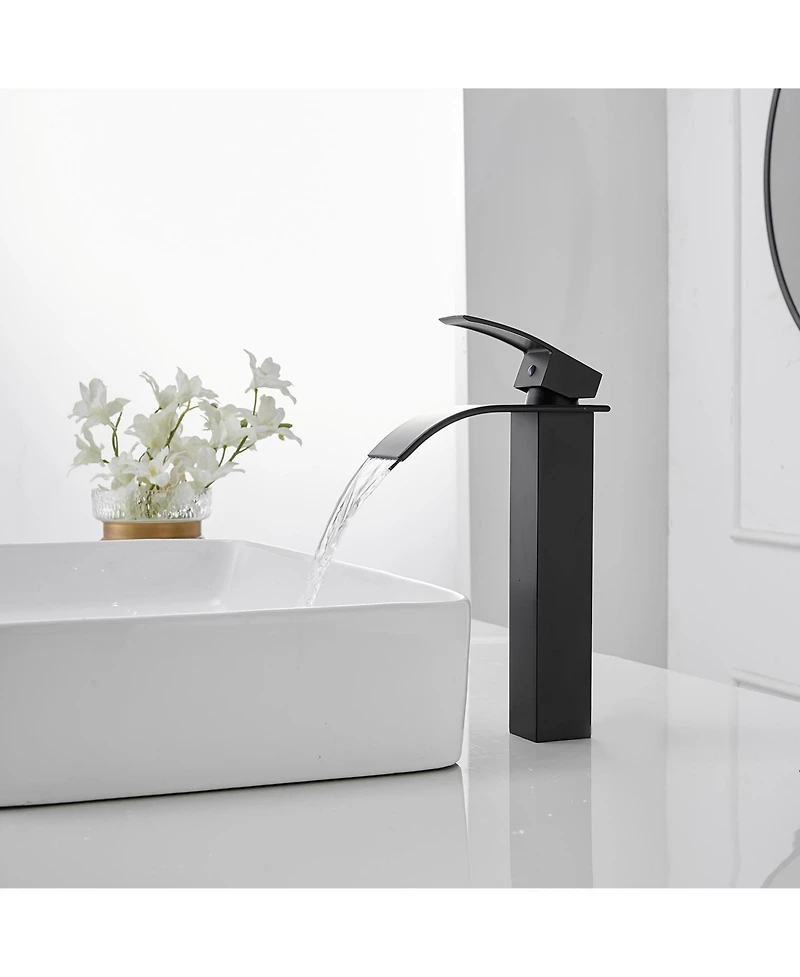 Waterfall Single Hole Handle Bathroom Vessel Sink Faucet With Pop-up Drain Assembly Brushed Nickel