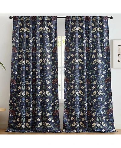 Hlc.me Florence Floral & Birds Patterned Window Back Tab Rod Pocket Curtains Bedroom - Light Blocking Darkening Window Panels, Set of 2