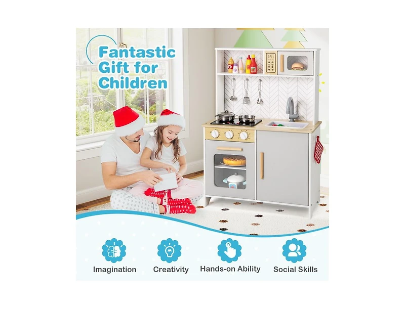 Kids Kitchen Playset with Lights, Sounds, Microwave & Stove – White