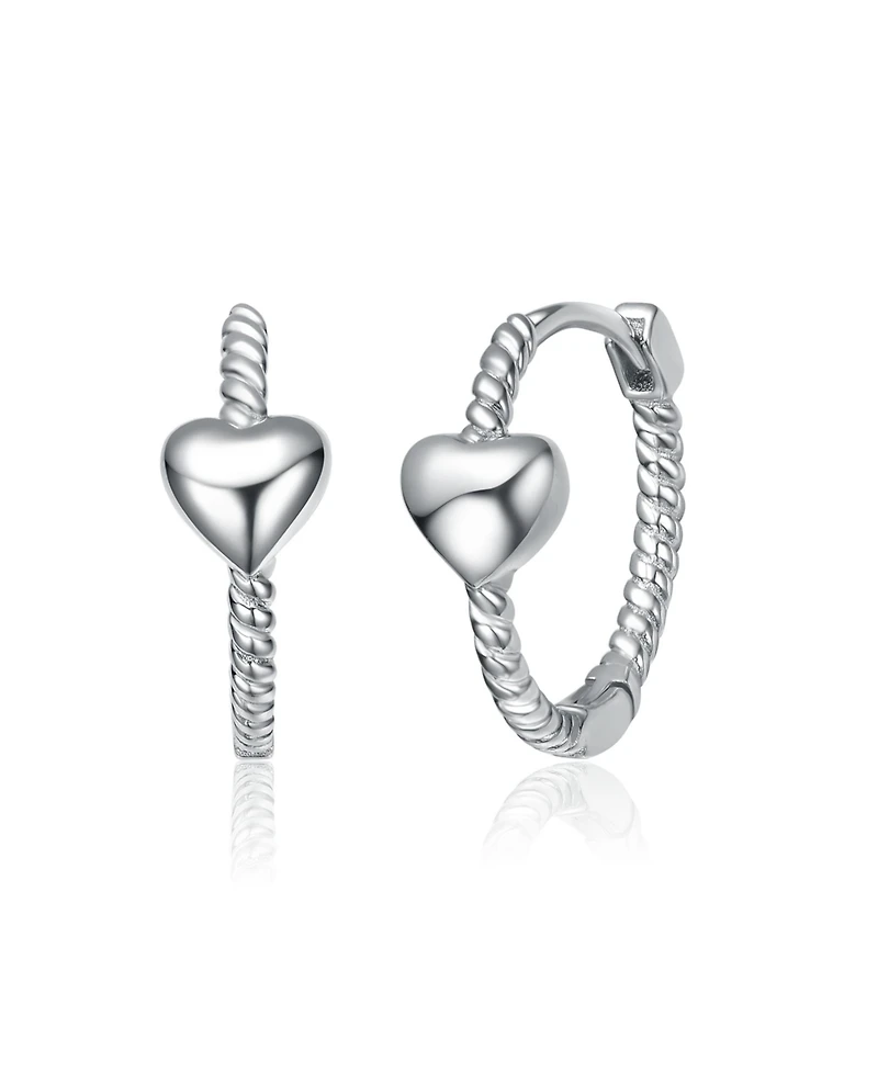 Genevive Sterling Silver White Gold Plated Heart Design Hoop Earrings