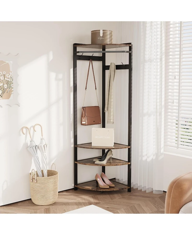 gaomon 3-In-1 Narrow Corner Coat Rack Stand with Shoe Bench & Storage Shelf for Hallway, Bedroom, Living Room - Space Saving Coat Hooks & Shoe Rack