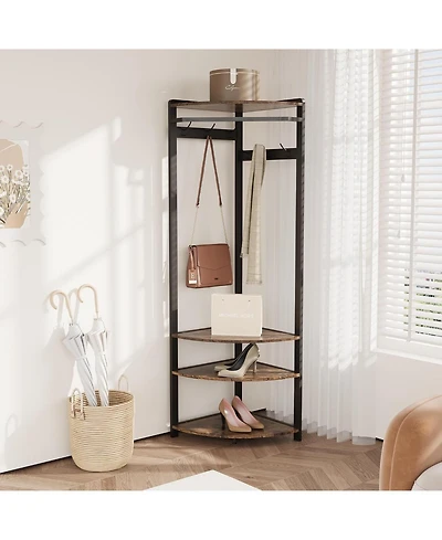 gaomon 3-In-1 Narrow Corner Coat Rack Stand with Shoe Bench & Storage Shelf for Hallway, Bedroom, Living Room - Space Saving Coat Hooks & Shoe Rack
