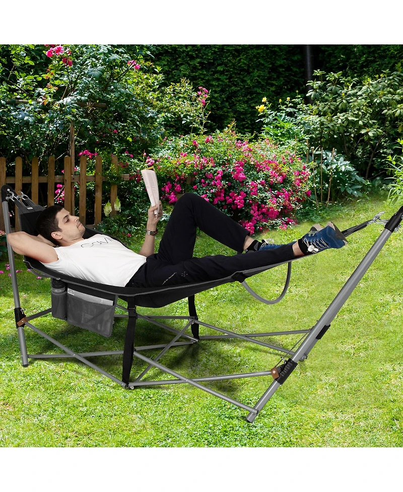 Gymax Folding Hammock Indoor & Outdoor with Side Pocket Iron Stand