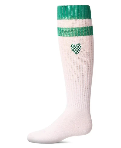 Memoi Little Girls Ribbed Varsity Stripe "Checkered Heart" Cotton Rich Knee Sock