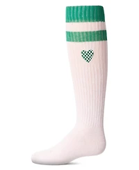 Memoi Little Girls Ribbed Varsity Stripe "Checkered Heart" Cotton Rich Knee Sock