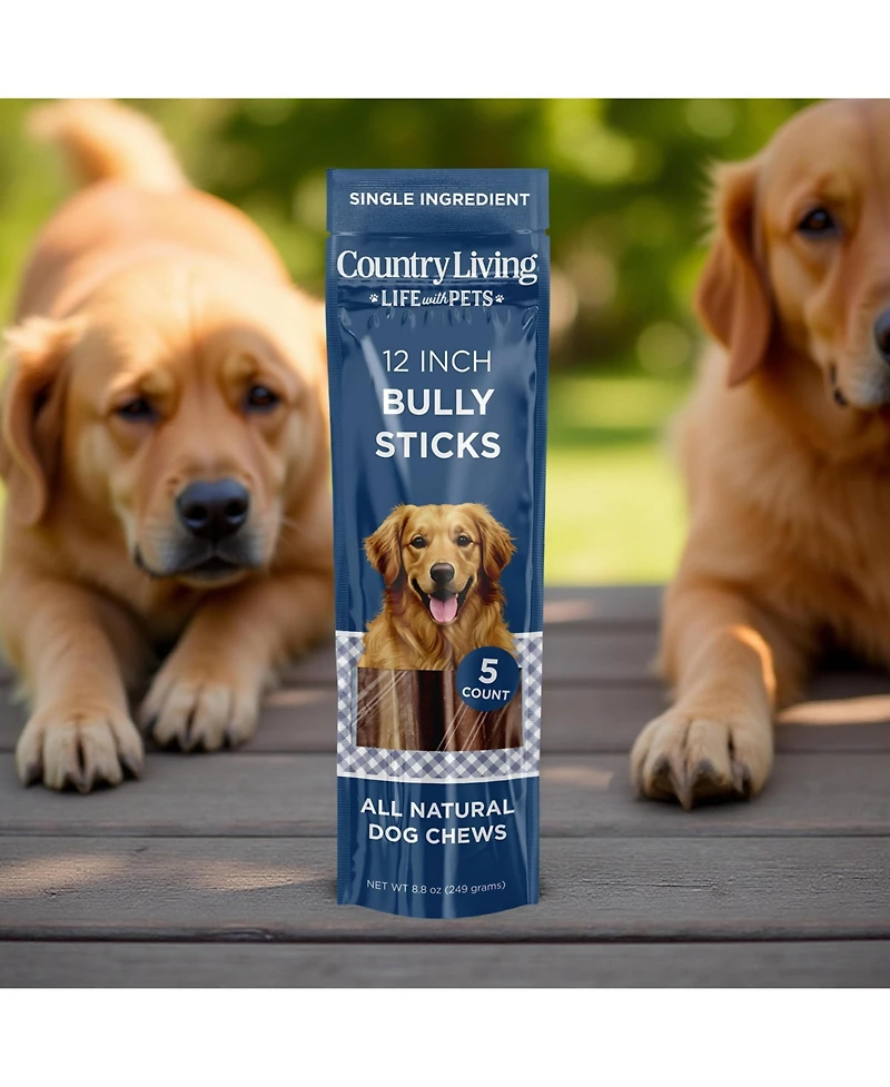 Country Living 12" Bully Sticks for Dogs – Standard – 5 Count Bag – All-Natural, Single-Ingredient, Long-Lasting Dog Chews