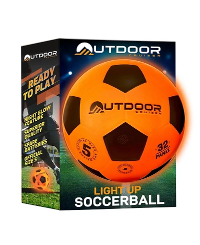 Lifemaster Enjoy glowing soccer fun with the Outdoor Cruiser Light Up Soccer Ball! Waterproof, tap-activated, and glows for up to 30 hours. Includes p