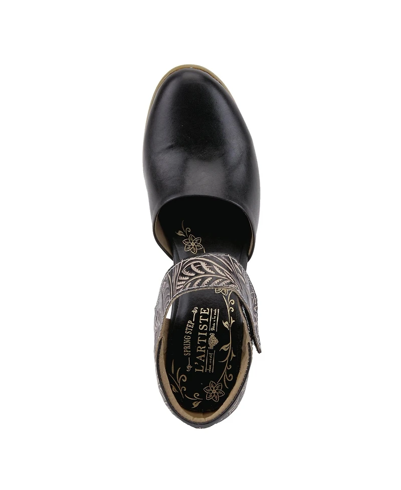 L'Artiste Women's Toolie Hand-Painted Leather D'Orsay Mary Jane Heels with Tooled Details, Hook-and-Loop Strap, Padded Collar, and Stacked Heel