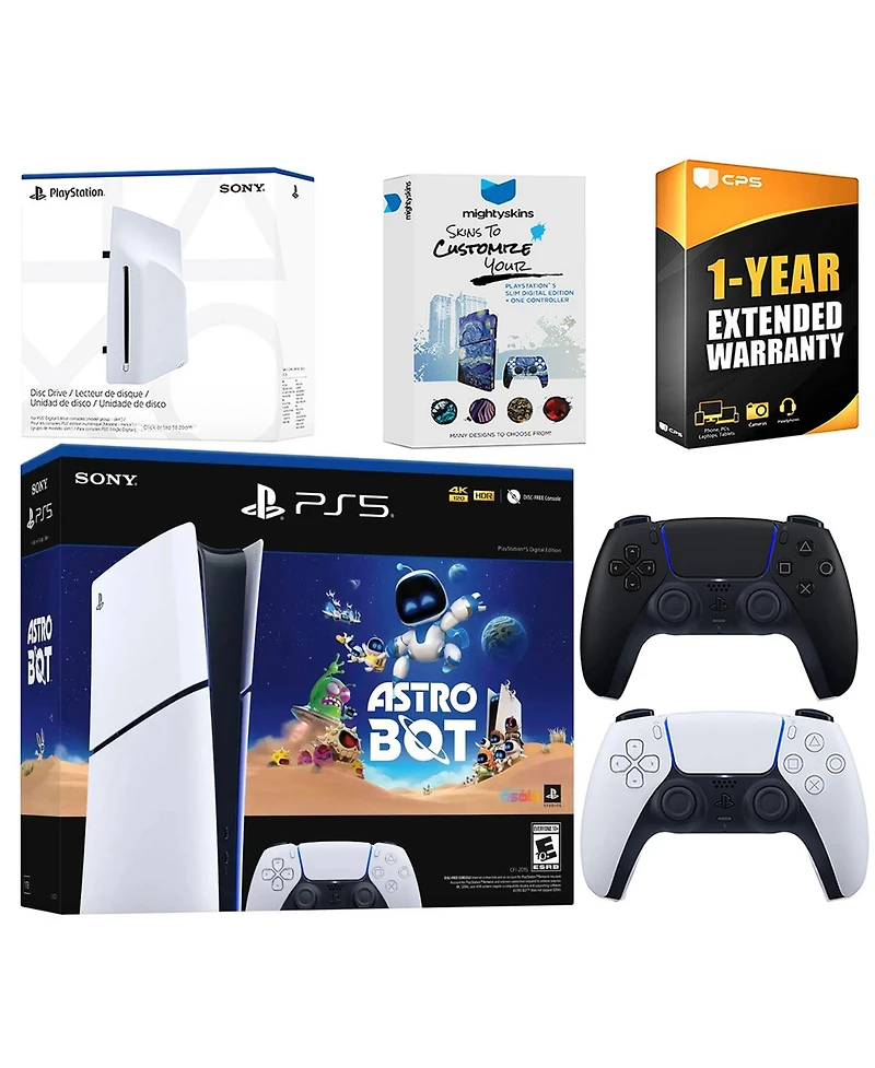 Sony PlayStation 5 Astro Bot Slim Digital Bundle with Disc Drive, Extra Controller, MightySkins Voucher and 1 Year Extended Warranty - Chroma Pearl